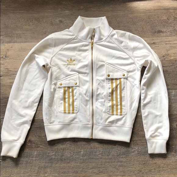 white and gold adidas track jacket